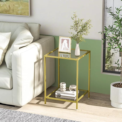 HOMSHO Side Tables Set of 2, End Table with Tempered Glass, 2-Tier Nightstands with Storage Shelves, Coffee Table with Modern Style, Square Sofa Table for Living Room, Bedroom, 15.7"D x 15.7"W, Gold