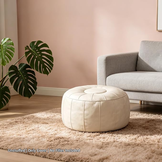 Thgonwid Unstuffed Moroccan Storage Pouf Foot Stool Ottoman Seat, No Filler Included, Handmade Faux Leather Bean Bag Floor Chair Foot Rest for Living Room, Bedroom or Balcony, Ivory White