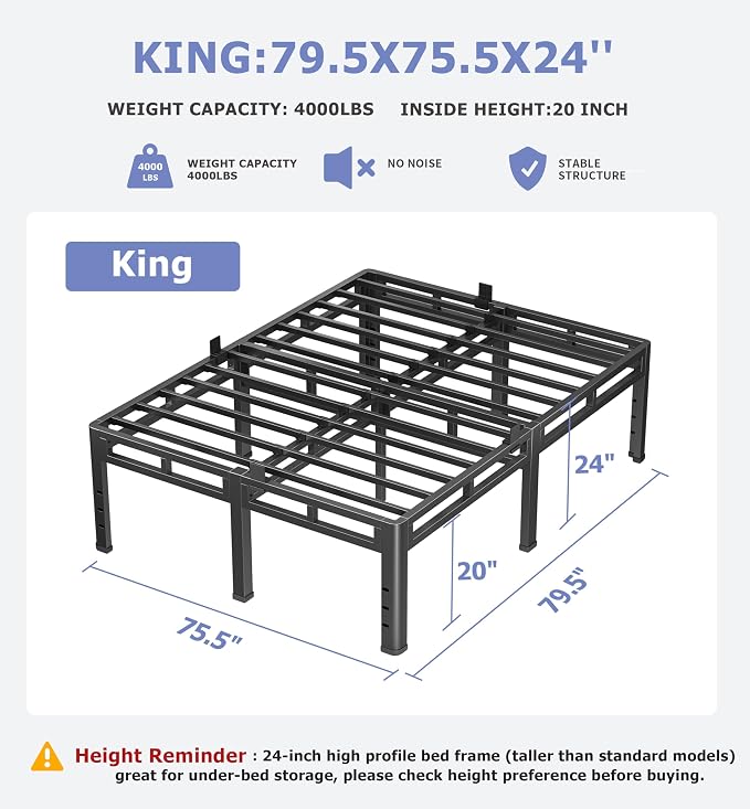 NKZ 24 Inch King Size Bed Frame, Metal Bed Frame & Box Spring 2 in 1 Platform with Round Corner Legs, 4000Lbs Heavy Duty Metal Frame, Mattress Slide Stopper, Headboard Hole, Noise-Free, Easy Assembly
