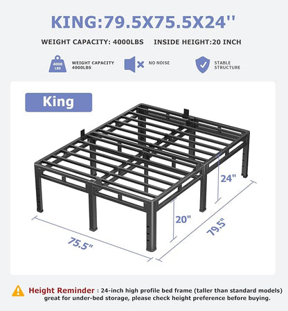 NKZ 24 Inch King Size Bed Frame, Metal Bed Frame & Box Spring 2 in 1 Platform with Round Corner Legs, 4000Lbs Heavy Duty Metal Frame, Mattress Slide Stopper, Headboard Hole, Noise-Free, Easy Assembly