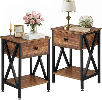 VECELO Nightstands Set of 2, Modern Bedside End Tables, Night Stands with Drawer and Storage Shelf for Living Room Bedroom, Industrial Metal Frame