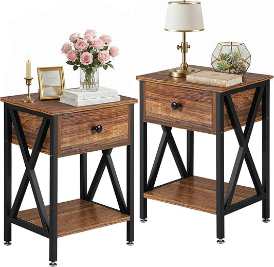 VECELO Nightstands Set of 2, Modern Bedside End Tables, Night Stands with Drawer and Storage Shelf for Living Room Bedroom, Industrial Metal Frame