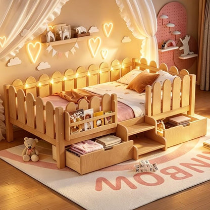Bellemave Twin Montessori Bed with Stairs, Lights, Rails and Slats, Twin Size Montessori Floor Bed with Bookshelf and 2 Storage Drawers, Easy Assemble Beds Frame for Girls, Boys, Light Natural