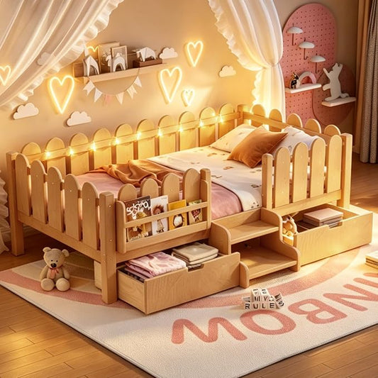Bellemave Twin Montessori Bed with Stairs, Lights, Rails and Slats, Twin Size Montessori Floor Bed with Bookshelf and 2 Storage Drawers, Easy Assemble Beds Frame for Girls, Boys, Light Natural