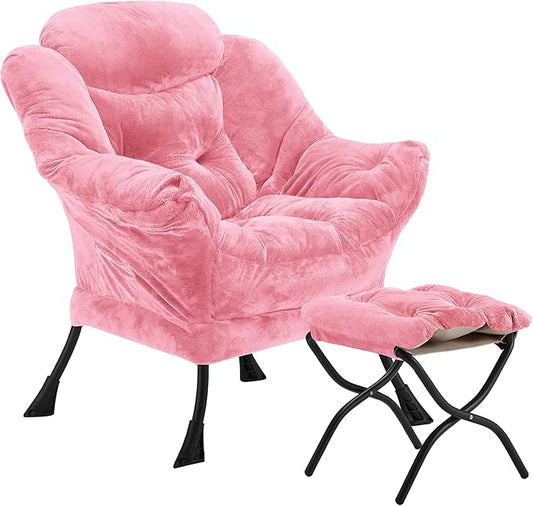 Youtanic Lazy Chair with Folding Ottoman, Accent Chair Plush Upholstered with Metal Structure and Non-Slip Pads, Sofa Armchair with Footrest and Side Storage Bag for Dorm, Room, Office, Pink