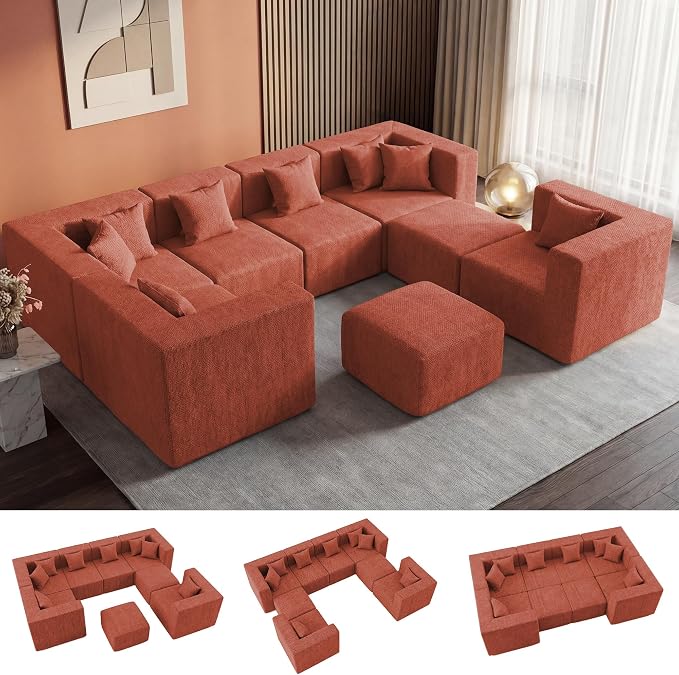 MONVANE Modular Sectional Sofa, Oversized 8 Seat Convertible U Shaped Couch with Ottoman, Comfy Chenille Cloud Couch with Deep Seat, Sectional Couches for Living Room, No Assembly Required, Rust Red