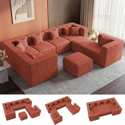 MONVANE Modular Sectional Sofa, Oversized 8 Seat Convertible U Shaped Couch with Ottoman, Comfy Chenille Cloud Couch with Deep Seat, Sectional Couches for Living Room, No Assembly Required, Rust Red