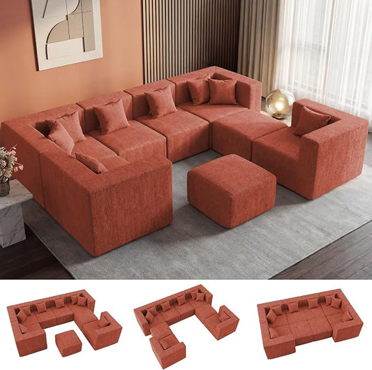 MONVANE Modular Sectional Sofa, Oversized 8 Seat Convertible U Shaped Couch with Ottoman, Comfy Chenille Cloud Couch with Deep Seat, Sectional Couches for Living Room, No Assembly Required, Rust Red