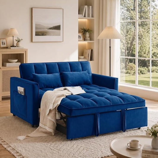 54'' Sleeper Sofa Bed, Convertible Pull Out Couch Futon with Side Pockets, Velvet Loveseat Sofa Bed with Adjustable Backrest, Armrest Pillows for Living Room Dorm Apartment, Blue