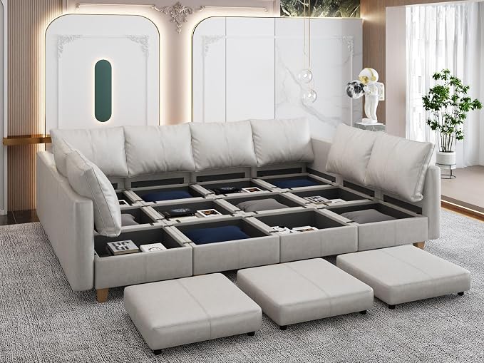 EASE MOOSE Faux Leather Sectional Couch with Storage,U Shaped Faux Leather Modualr Sofa Couch