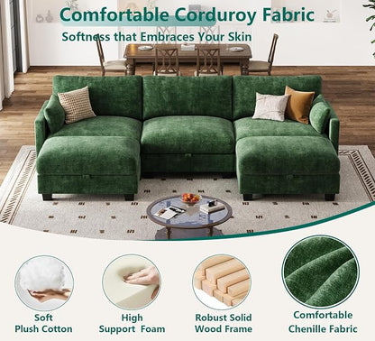 Modular Sectional U Shaped Sofa Couches for Living Room, Cloud Couch with Storage Ottoman, Comfy Chenille Sofa with Pillow, Green