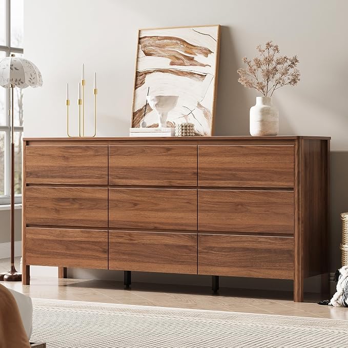 MAISONARIA Walnut 3-Piece Dresser Bedroom Set, 9 Drawers Dresser & 2 Drawer Nightstands with Hidden Handles, Wood Chest of Drawers for Bedroom, Living Room, Entryway