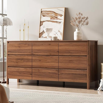MAISONARIA Walnut 3-Piece Dresser Bedroom Set, 9 Drawers Dresser & 2 Drawer Nightstands with Hidden Handles, Wood Chest of Drawers for Bedroom, Living Room, Entryway