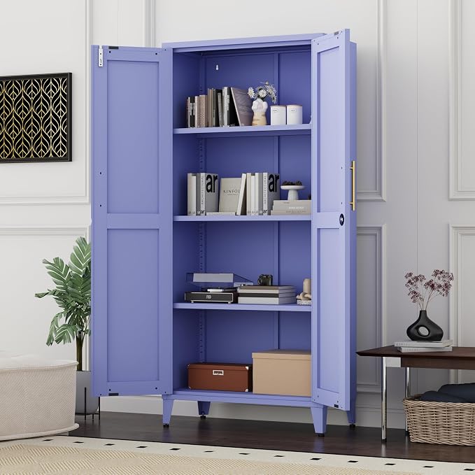61" H Purple Metal Storage Cabinet with Door and 3 Adjustable Shelves Kitchen Pantry Cabinet with 2 Gold Handles Tall Metal Pantry Cabinet Freestanding Cupboard For Dining Room Living Room Bathroom ﻿