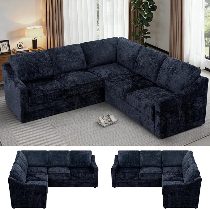 89" Chenille Sectional Sofa with High Density Sponge, Modern 5-Seats Corner Couch with Deep Seat, Comfy Modular L Shaped Couch with Comfortable Back Cushions for Living Room, Blue
