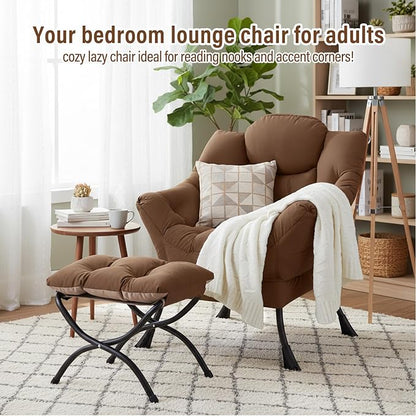 Furlide Lazy Chair with Ottoman, Modern Accent Chairs with Folding Footrest, Dark Brown Sofa Chair Set, Comfortable Reading Chairs, Oversized Armchairs for Bedroom, Study, Living Room, Courtyard