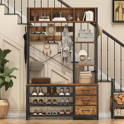 39.4'' Hall Tree with Bench and Shoe Storage, Entryway Bench with Coat Rack, 25-in-1 Tall Hall Tree with Led Lights (Rustic)