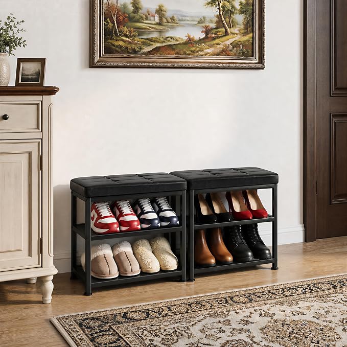 Small Shoe Storage Bench with PU Leather Seat Cushion, 3-Tier Freestanding Shoe Rack Organizer for Entryway, Heavy-Duty Metal Mesh Shelves, Supports Up to 300 lbs, Black (15.7"x11.4"x17.5")