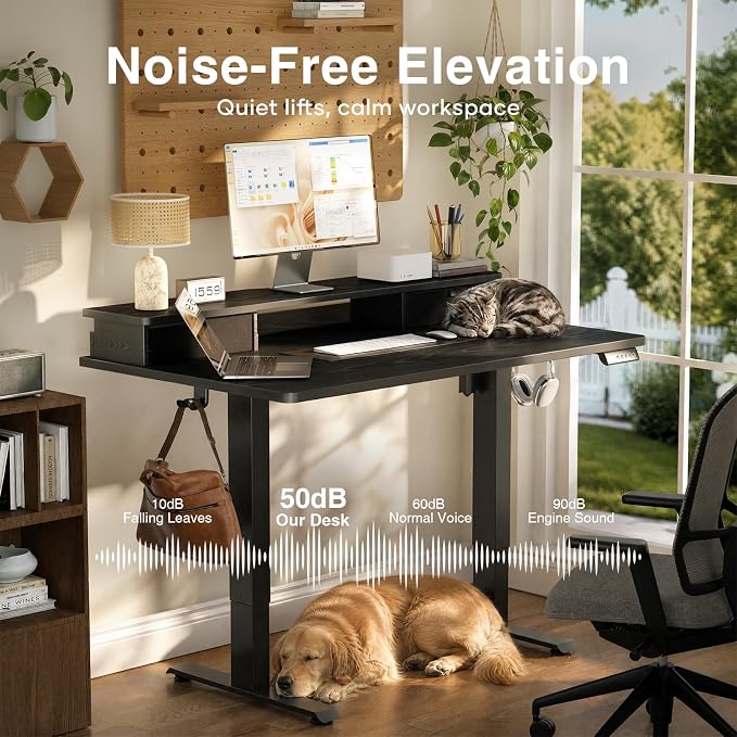 Veken 55x26 in Electric Standing Desk with Drawers, Adjustable Table, Black | Stand up Computer Desk for Home Office, Work & Study, with Storage, 3 Memory Presets, Cable Organizer, Hook, and Quiet Lift.