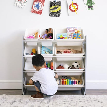 Humble Crew Toy Storage Organizer with 12 Removable Storage Bins for Kids Playroom, 4-Tier Toddler Toy Organization, Grey/White