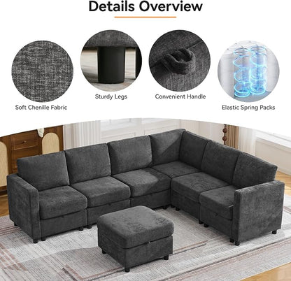 104'' V Shaped Modular Sofa, Sectional Couch with Storage for Living Room, Modern 7 Seater Cloud Sectional Couch with Movable Ottoman, Chenille Dark Grey