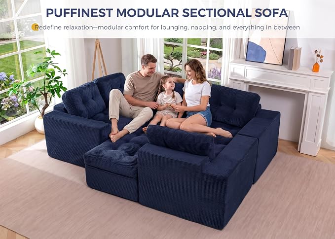 MAXYOYO Modular Sectional Sofa with Ottoman and Loveseat, Cloud Boneless Couch with Layered Cushion, Flexible Module Combination Sofa for Living Room, No Assembly Required,Navy