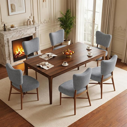 Dining Chairs Set of 6, Linen Upholstered, Solid Wood Legs, Gray | Mid Century Farmhouse, Cross-Brace Reinforced, Padded Cushion, Easy 15-Min Assembly, Kitchen Dining Room