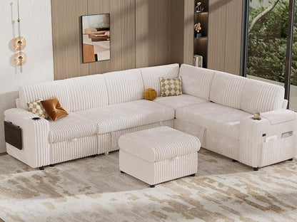 Vipbear 111" Modular Sectional Sleeper Sofa with Pull Out Bed, 7 Seat Corduroy L Shaped Couch with Ottoman|USB Ports|Cup Holders|Side Table|Storage Armrest, Tool Free Assembly, Beige