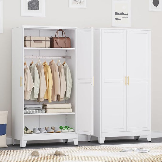 Ckzbx 71" H Metal Armoire Wardrobe Closet, Adjustable Shelve, Clothes Drying Pole, Steel Wardrobe Cabinet for Bedroom (White)