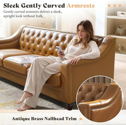 AMERLIFE 80" Leather Sofa, Modern Chesterfield Genuine Leather Sofa, Tufted 3 Seater Brown Leather Couch with Curved Arms, Leather Couches for Living Room