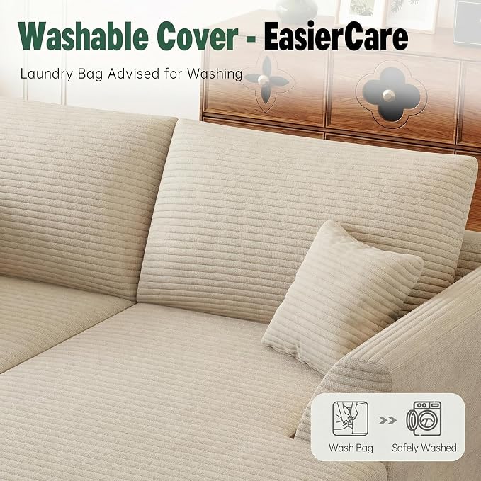 106" Modular Sectional Sofa with Deep Seat, L-Shaped Corduroy Couch with Reversible Chaise, 3-Piece Set for Living Room Bedroom Apartment, No Assembly Required | Modular Design