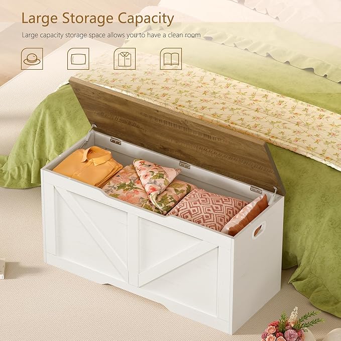 usikey 39.4" Storage Chest, Toy Box with 2 Safety Hinges, Lift Top Wooden Toy Chest, Storage Bench, for Living Room, Bedroom, Entryway, White+Honey Brown