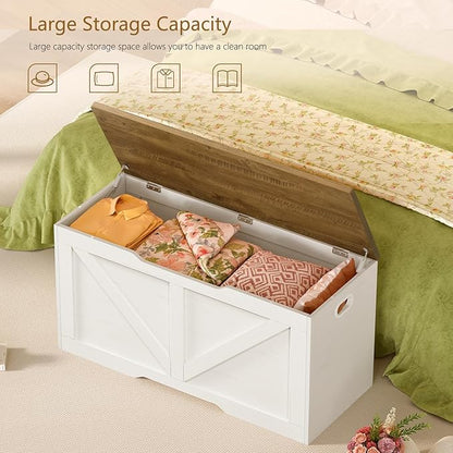 usikey 39.4" Storage Chest, Toy Box with 2 Safety Hinges, Lift Top Wooden Toy Chest, Storage Bench, for Living Room, Bedroom, Entryway, White+Honey Brown