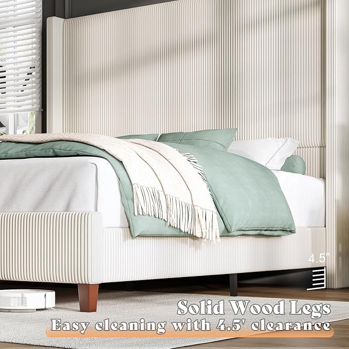 AMERLIFE Queen Size 62" Corduroy Upholstered Bed Frame, Luxurious Platform Bed with Extra Tall Wingback Headboard and Vertical Stripe, No Box Spring Needed/Solid Wood Slats & Legs/Cream