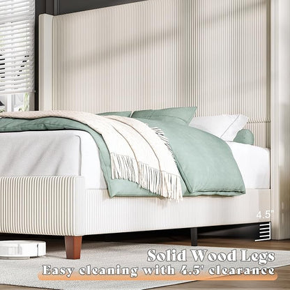 AMERLIFE Queen Size 62" Corduroy Upholstered Bed Frame, Luxurious Platform Bed with Extra Tall Wingback Headboard and Vertical Stripe, No Box Spring Needed/Solid Wood Slats & Legs/Cream