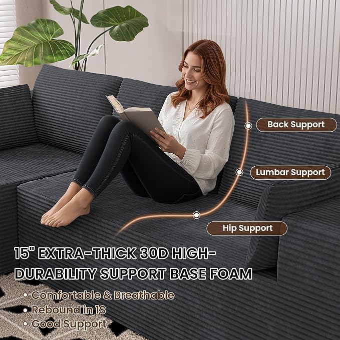 106" Cloud Sectional Boneless Couches for Living Room, Modular L Shaped Couch with Deep Seat Oversized Left Facing Chaise, Memory Foam Compressed Spineless 3 Seater Sofa for Bedroom Apartment, Grey