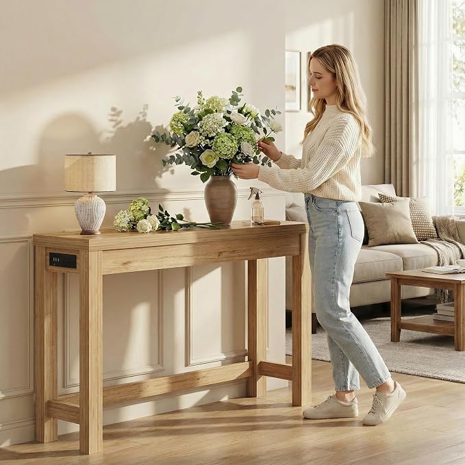 Cyclysio 47" Console Table with Charging Station, 13.8" Deep Farmhouse Sofa Table Behind Couch with 2 AC Outlets & 3 USB Ports, Entryway TV Console or Compact Home Office Desk, Natural Oak