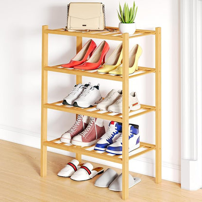 Smiry Small Bamboo Shoe Rack, 4 Tier Free Standing Wooden Shoe Organizer, Stackable Wood Shoe Storage Shelf for Closet, Entryway, 12 Vertical Slats, 2+2 Stack Standard Legs, 17.3"x11"x26", Natural