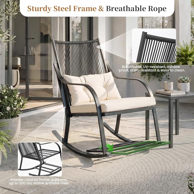 COSIEST 3-Piece Outdoor Rocking Chairs Bistro Set, All Weather Rattan Patio Furniture with 2 Chairs, Coffee Table， & Cushions for Garden, Porch, Balcony,Backyard