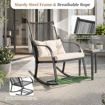 COSIEST 3-Piece Outdoor Rocking Chairs Bistro Set, All Weather Rattan Patio Furniture with 2 Chairs, Coffee Table， & Cushions for Garden, Porch, Balcony,Backyard