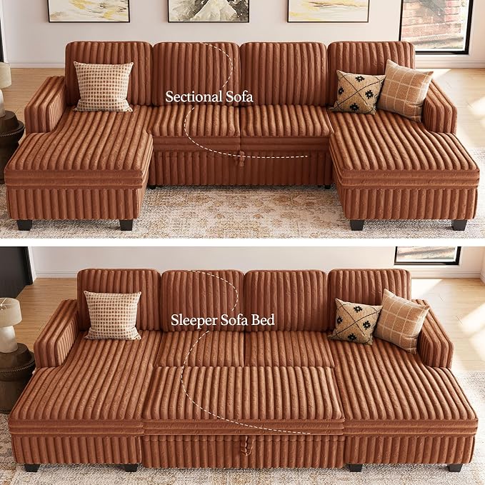 Belffin Modular Sectional Sleeper Sofa with Pull Out Couch Bed Corduroy Double Chaise with Storage Brick Red Couch