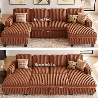 Belffin Modular Sectional Sleeper Sofa with Pull Out Couch Bed Corduroy Double Chaise with Storage Brick Red Couch