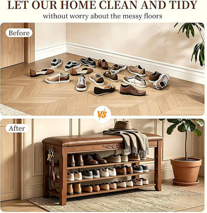 Shoe Rack Bench Entryway Storage with Leather Cushion, Shoe Organizer Bench for Entryway, Front Doors Entrances Hallway,Mudroom,Closet, Bedroom,Solidwood 3 Height-Adjustable Removable Shelve,39.4"