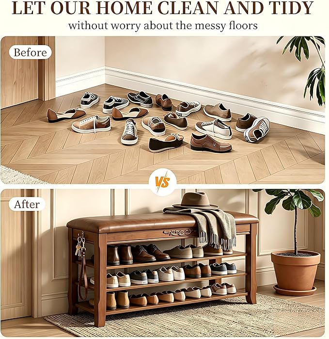 Shoe Rack Bench Entryway Storage with Leather Cushion, Shoe Organizer Bench for Entryway, Front Doors Entrances Hallway,Mudroom,Closet, Bedroom,Solidwood 3 Height-Adjustable Removable Shelve,31.5"