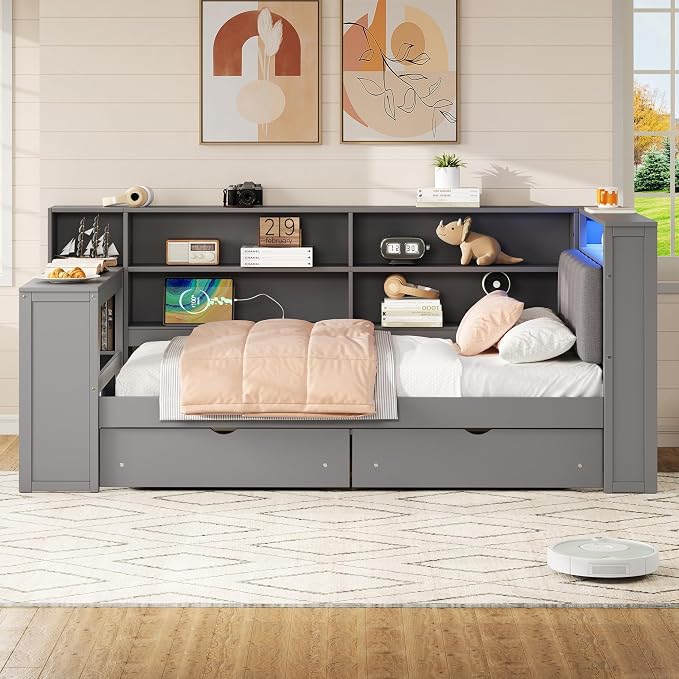 Bellemave Twin Corner Bed with Storage Shelves and Desk, Upholstered Headboard Daybed with Bookcase and Drawers，Daybed with Storage, Grey+ Grey Cushion