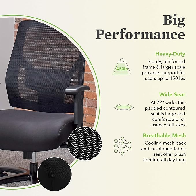 HON Crio Big and Tall Ergonomic Mesh Office Chair, Extra‑Wide High‑Back Desk Chair with Adjustable Arms, Lumbar Support, Heavy‑Duty Tilt Recline, Swivel Wheels, Black Frame, Black