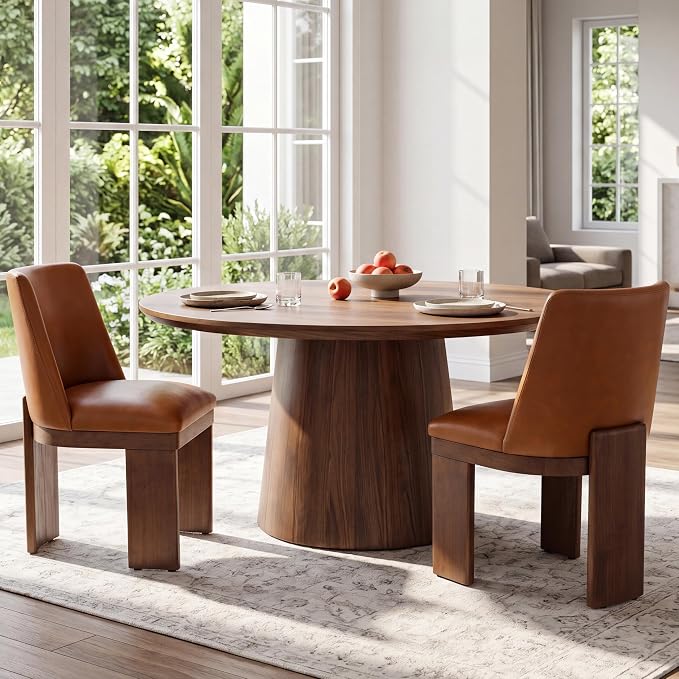 RIVOVA Upholstered Dining Chairs Set of 2, Modern Wooden Dining Room Chair PU Leather Kitchen Chairs Farmhouse Dinner Chair, Brown