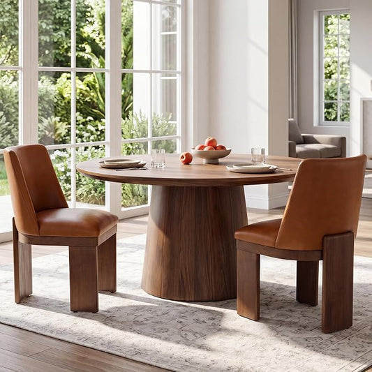 RIVOVA Upholstered Dining Chairs Set of 2, Modern Wooden Dining Room Chair PU Leather Kitchen Chairs Farmhouse Dinner Chair, Brown