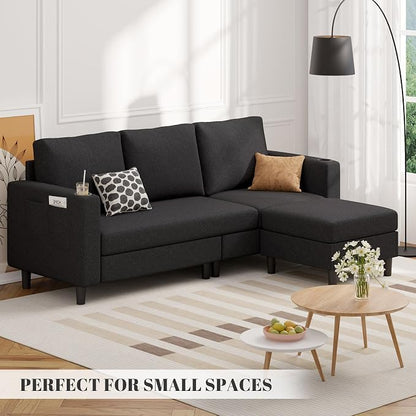 Luxanimarion Upholstered Sectional Sofa and Couches, 78'' L Shaped 3-seat Sofa forLiving Room, Apartment,Lounge,Bedroom-Washable Covers Convertible Sofas(Linen Fabric,Black)