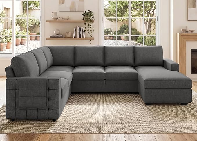 HONBAY Sectional Sleeper Sofa with Pull-Out Bed Storage Chaise, 6 Seaters Couch for Living Room, Light Grey